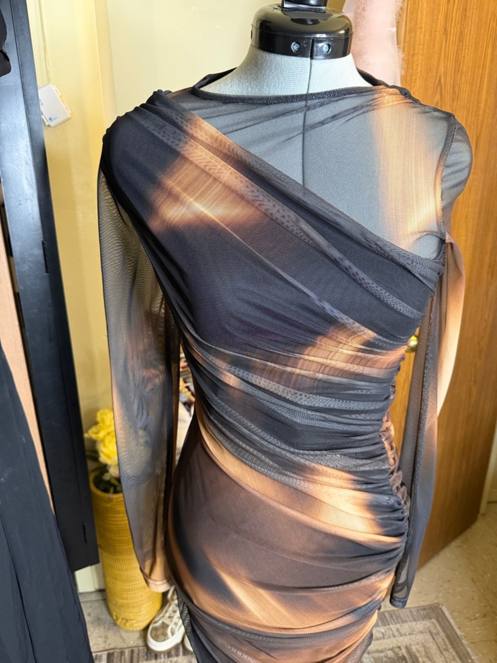 Zara One-Shoulder Sheer Ruched Dress in Black and Bronze